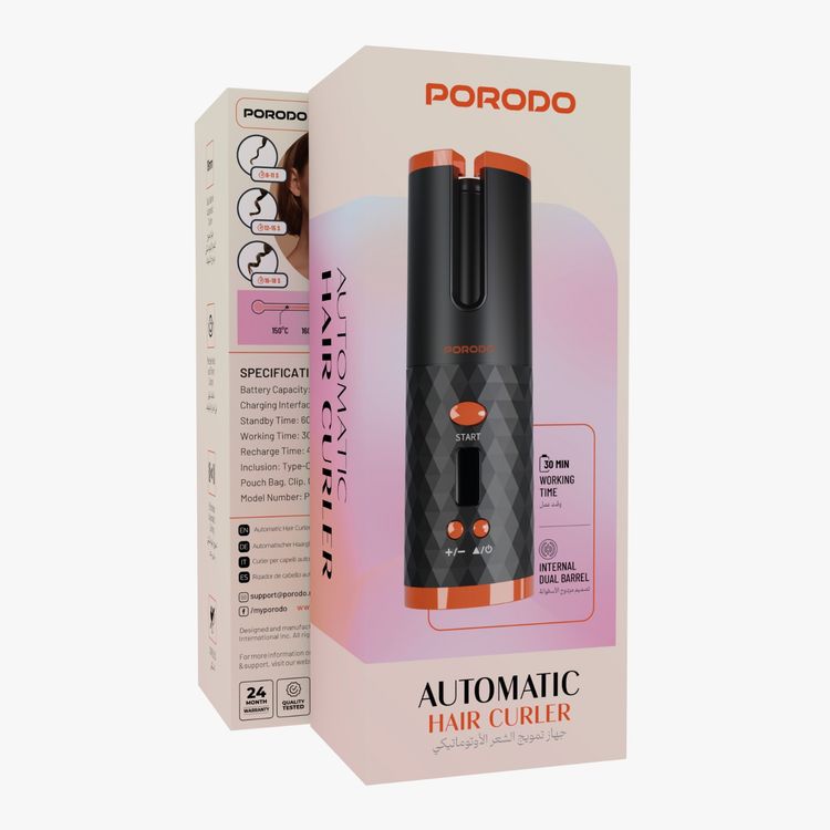 Porodo Automatic Hair Curler with Internal Dual Barrel, Effortless Automatic Curling, Cordless, 30 Minutes Working Time, Precise Heat and Timer Control, Standby Time 60 Minutes - Black