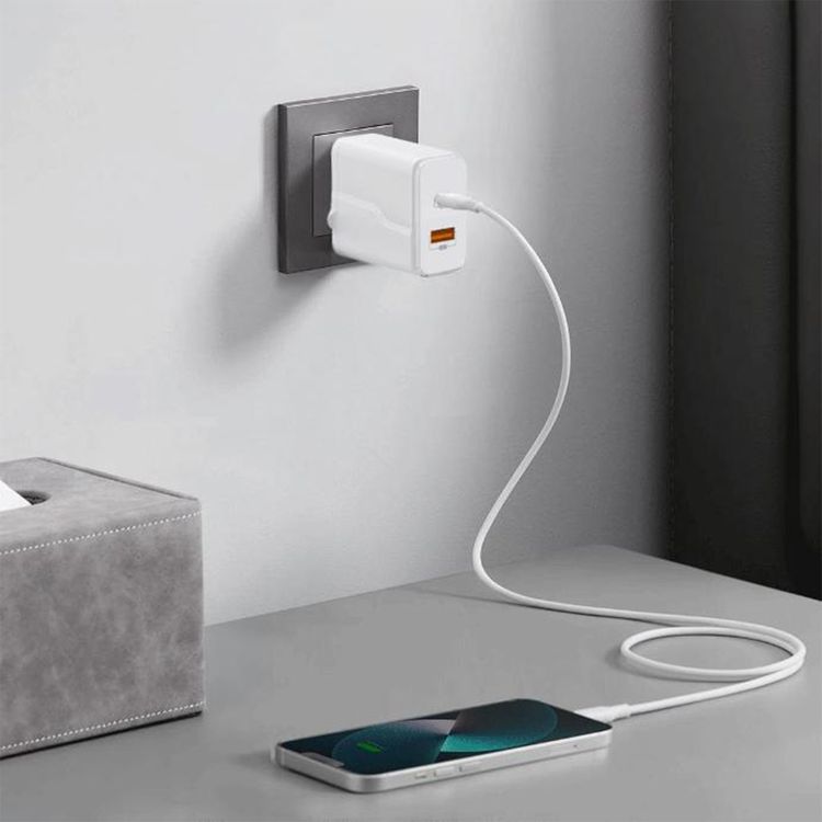 Porodo Dual Port Wall Charger with 20W Power Delivery, QC 18W, Fire Retardant Material, Overcurrent Protection, UK 3-Pin Plug, Built-in Protective Mechanisms - White