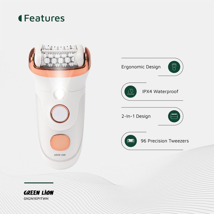Green Lion 2-in-1 Epilator with Shave & Trim & Epilate Function, Cleaning Reminder, Stainless Steel Blades, 8500RPM Motor, Ergonomic Design, 400mAh Battery Capacity. Digital Display - White