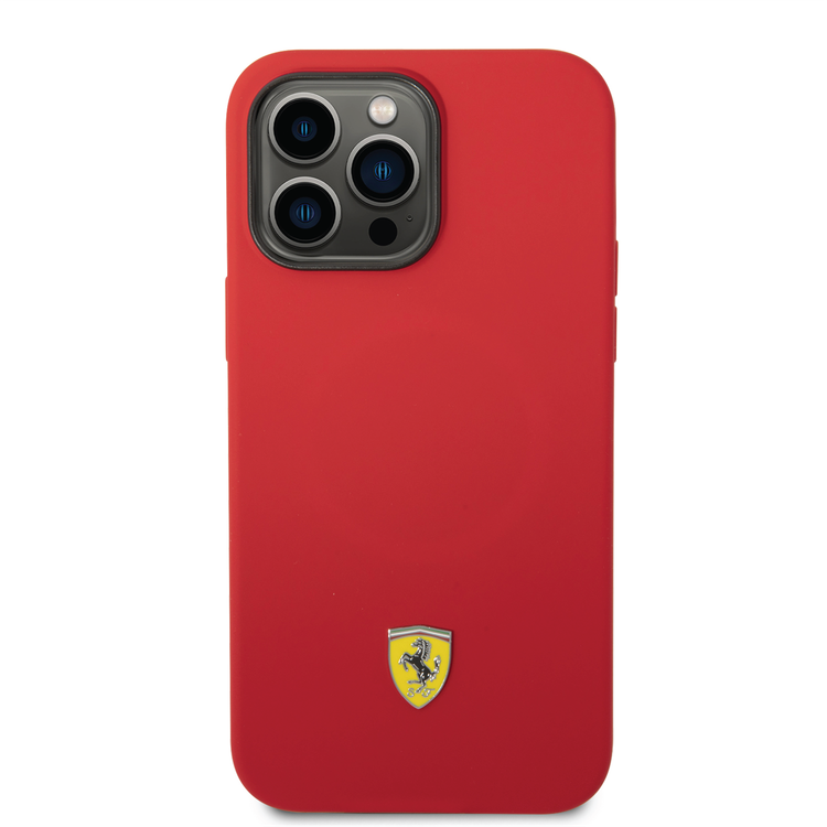 Ferrari Liquid Silicone Case with Black Camera Outline & Metal Logo iPhone 14 Pro Max Compatibility - Red