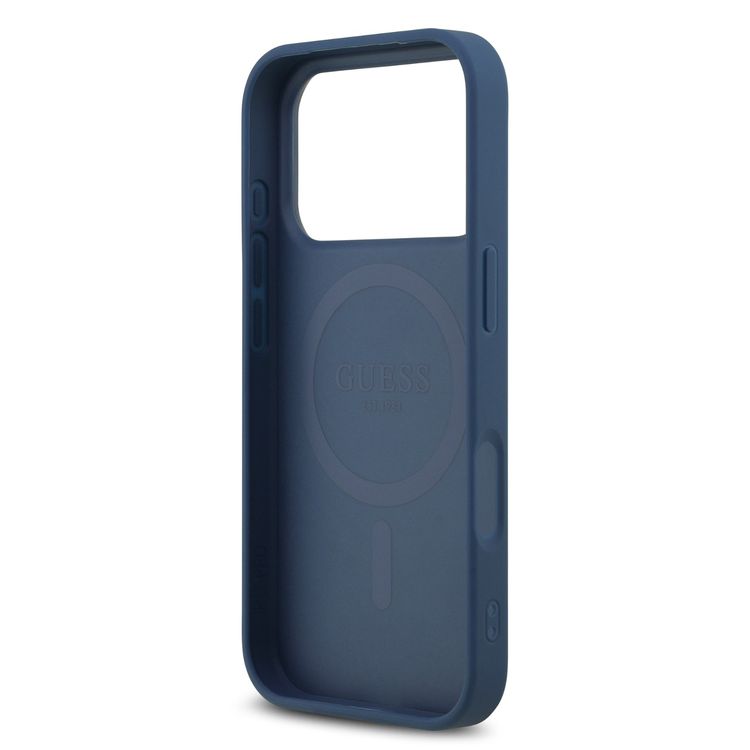 غطاء ماغ سيف 4G من جلد PU مع شعار مثلث لجهاز آيفون 17 برو، تصميم نحيف، حماية من السقوط، قبضة مريحة، تغليف مستدام، تصميم خفيف الوزن، سهل التركيب - أزرق