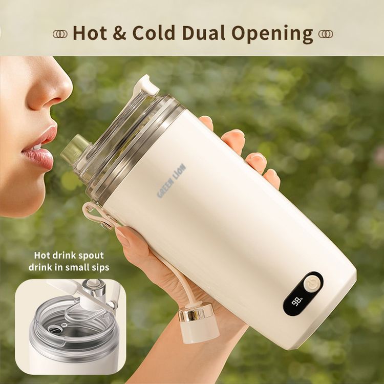 Green Lion Auto-Stirring Mug with 304 Stainless Steel, 30 Seconds Auto Shut-off, Food-Grade Materials, 150 Times Stirring, Portable Handle, Drip-Free Spout, 350mL Capacity, Magnetic Stir Bar - Cream