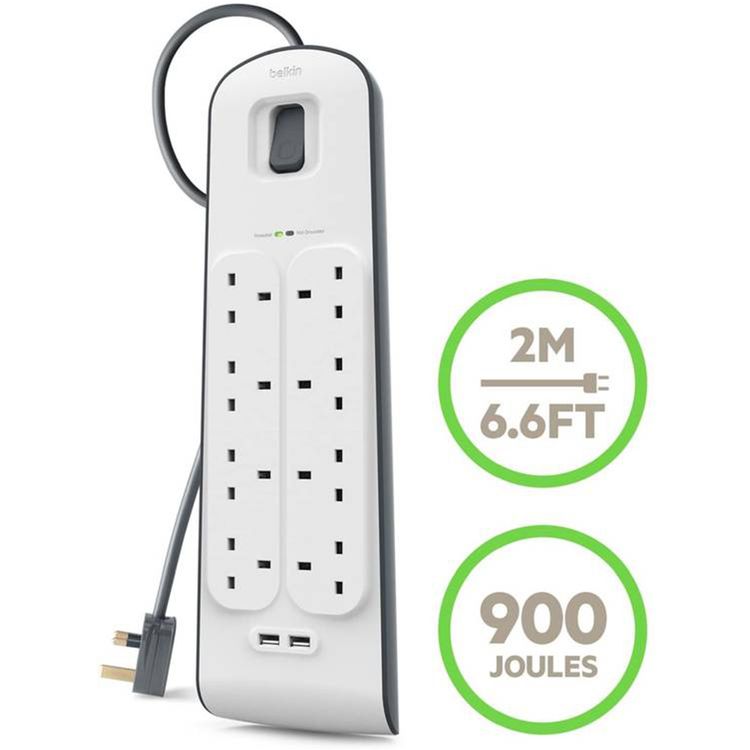واقي التيار الكهربائي Belkin، 2 منفذ USB-C، طول الكابل 2 متر، مادة بلاستيكية ومعدنية، 8 منافذ طاقة، قابس طاقة من النوع G - أبيض