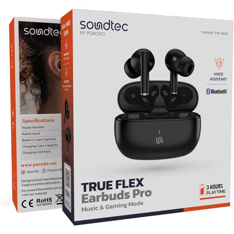 Porodo True Flex Earbuds Pro with Music & Gaming Mode, 5 Hours Play Time, 230mAh Case & 25mAh Earbuds Battery, Ultra Low Latency, USB-C Charging Port, Voice Assistant - Black