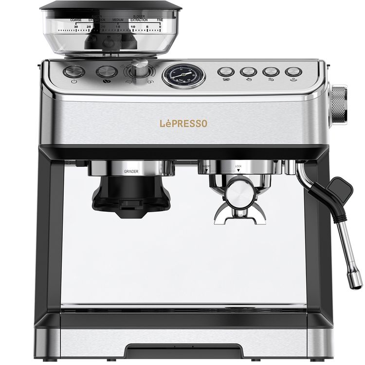 LePresso Dual Boiler Espresso Machine with Conical Grinder & Steamer Functions, 2.8L Water Tank Capacity, 2300W Heating Power, Hot Water Dispenser - Silver
