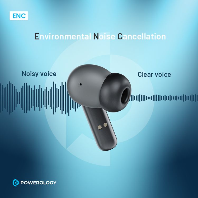 Powerology TWS Earbuds with Quad Mic ENC, 6h Playtime, Bluetooth 5.3, 30minutes Charging Time, 10m Transmission Distance, Type-C Port, Smart Touch Control, Wireless Charging - Black