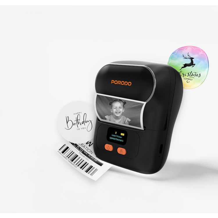 Porodo Super HD Thermal Printer with Bluetooth, 1200mAh Battery Capacity, 2.5 Hours Recharge Time, 1.5 Hours Working Time, 20-50mm Label Width, Super HD - Black