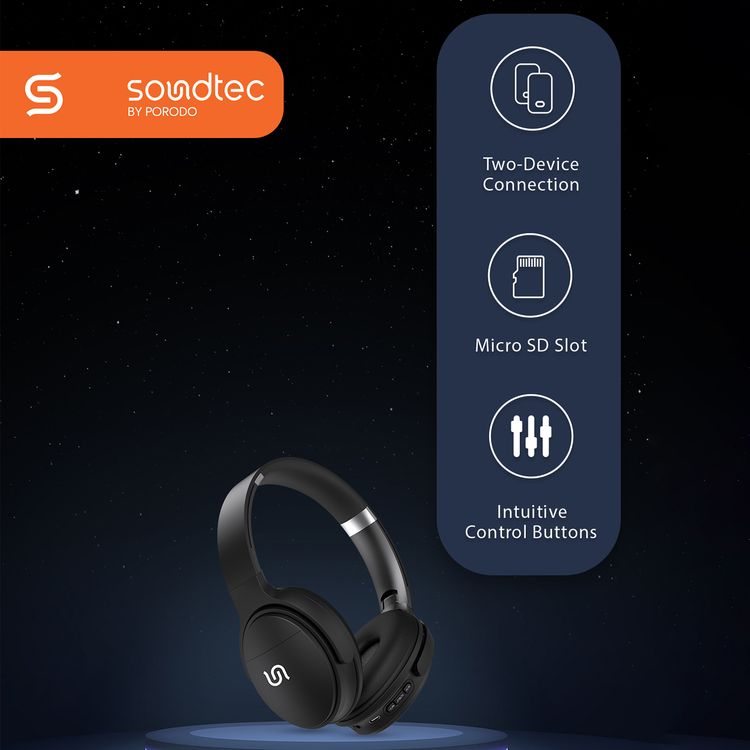 Porodo Soundtec Limited Wireless Headphones with AUX & Bluetooth Connections, Built-in Micro SD Slot & Microphone, Up to 10 Hours Working Time, 250mAh Battery Capacity, Control Buttons, Two-Device Connection - Black