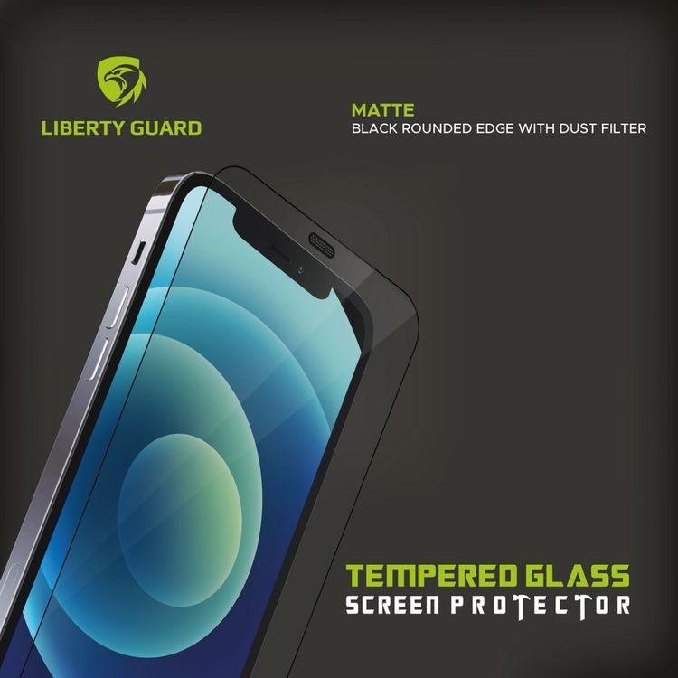 واقي شاشة Liberty Guard غير لامع بغطاء كامل وحواف مستديرة لهاتف iPhone 12 Pro/12 مع فلتر غبار ومضاد للصدمات ومضاد للتأثير - أسود