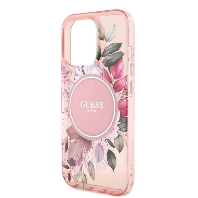 Guess Magsafe IML Transparent Hard Case with Flower Design & Tonal Circle Logo for iPhone 16 Pro, Lightweight, High Quality Material - Pink