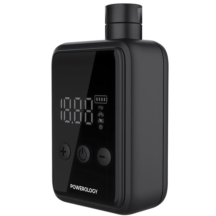 Powerology Super Compact Tire Inflator with 1000mAh Battery Capacity, 15L/Min Inflation Speed, Inflation Pressure 110psi, Heat Dissipation Vent, Digital Display, Type-C Charging Port - Black