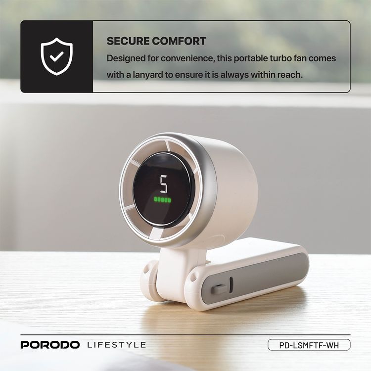 Porodo LifeStyle 3in1 Multi Functional 180° Foldable Handheld Turbo Fan, 3600mAh, 10 Hours Working Time, Type-C Charging Port,  Digital Display, 3.5 Hours Recharging Time - White