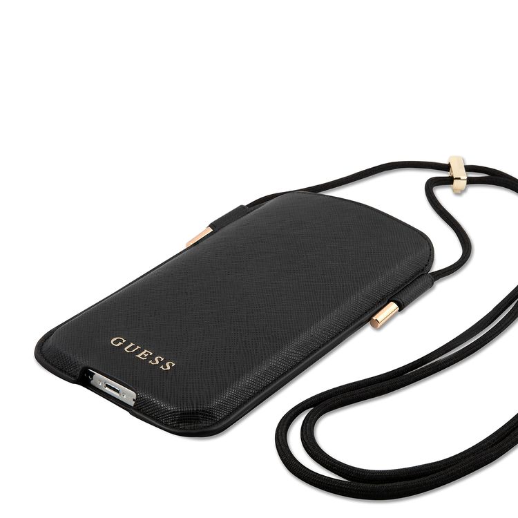 CG MOBILE Guess Saffiano Classic Crossbody Pouch Case with Cord for iPhone 12 / 12 Pro ( 6.1" ) Anti-Fall Necklace, Adjustable Neck Cord Lanyard Strap Officially Licensed Black