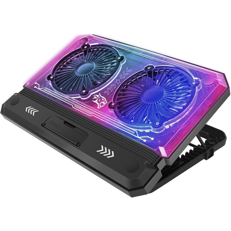 Porodo Gaming Crystal Shell Laptop Cooling Pad with Phone Holder, ABS, Metal & PC Material, 2 Fans, USB-A & USB-C Ports, 10-17" Devices Compatible, Anti-Slip Base, Ergonomic Design, Plug & Play - Black 