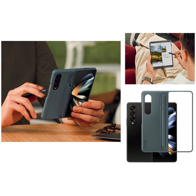 غطاء سامسونج قائم مع قلم لهاتف Galaxy Z Fold 4، مصنوع من البلاستيك، حامل للقلم، غطاء قائم، زاوية قائمة 55 درجة، فتحات دقيقة - أسود/أخضر
