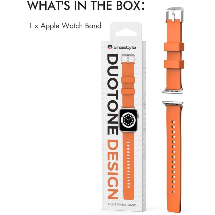 AhaStyle Premium Silicone Breathable Replacement Wrist Band Strap, Adjustable Watch Band Duotone Design Compatible for Apple Watch 42/44mm - Orange / Black