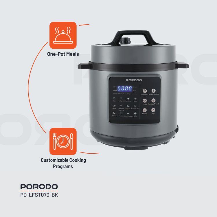 Porodo 1300W Multi-Cuisine Pressure Cooker with 6L Capacity & LED Display, One-Pot Meals, 12 Preset Functions, Pressure Release Button, One-Touch Control, Auto Pilot Cooking, Customizable Cooking Programs - Black