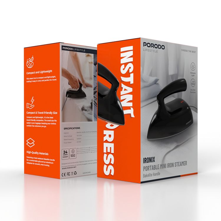 Porodo Lifestyle Ironix Portable Mini Iron Steamer with Bakelite Handle and Aluminum Soleplate Material, Dry Iron Function, Compact and Lightweight Design, Travel-Friendly Size, High-Quality materials, 100-240V Rated Voltage, 50/60Hz Rated Frequency - Black