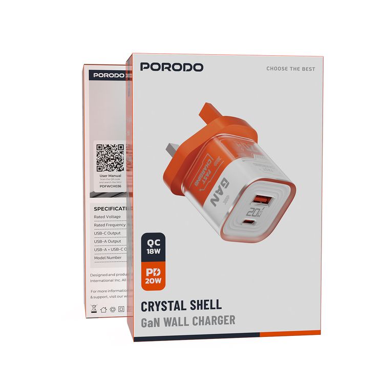 Porodo Crystal Shell GaN Wall Charger with  20W Power Delivery, Simultaneous Charging, Overheat Protection, 18W USB-A Output - Orange