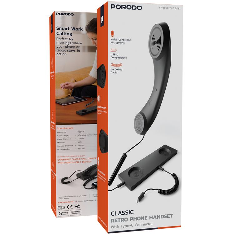 Porodo Classic Retro Phone Handset with Noise Cancelling Mic, 1m Coiled Cable, Universal USB-C Connector, 2.8mm Cable Diameter, Durable ABS Material, Ergonomic Grip Desing, 28mm Speaker Diameter - Black