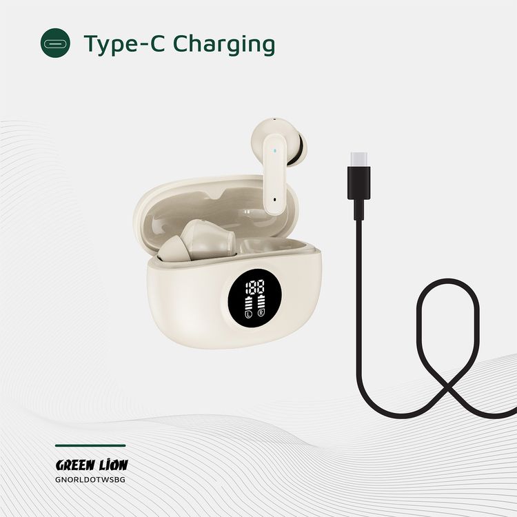 Green Lion Orlando True Wireless Earbuds with Digital Display, HiFi Sound, Built-in Microphone, Voice Assistant, 4.5 Hours Playtime, Type-C Charging - Beige