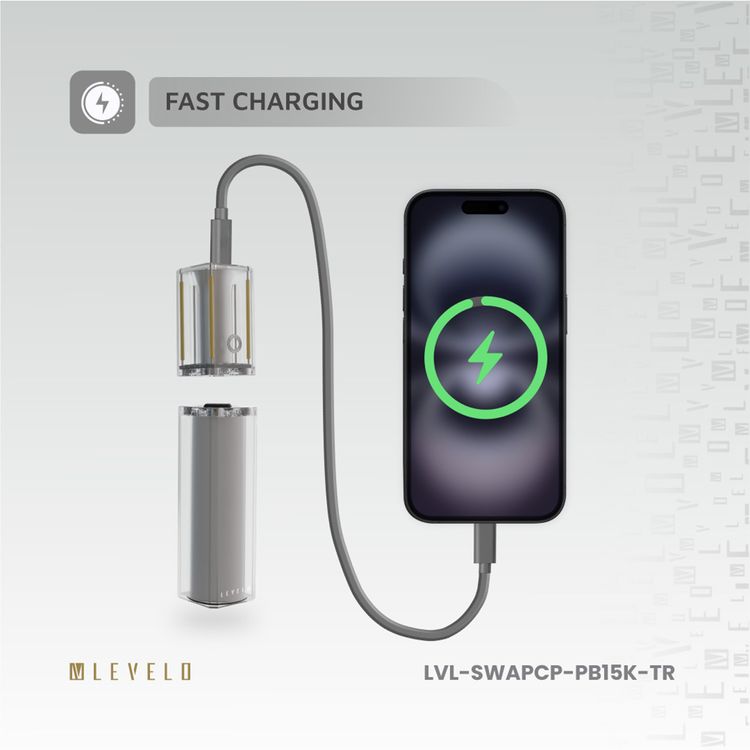 باوربانك Levelo SwapCell Pro بسعة 15000mAh مع ملحقات، 3 خلايا بطارية، قوة مغناطيسية قوية، ولاعة قوسية ورؤوس مصباح يدوي، خلية بطارية واحدة ورأس متضمن، شحن سريع - شفاف
