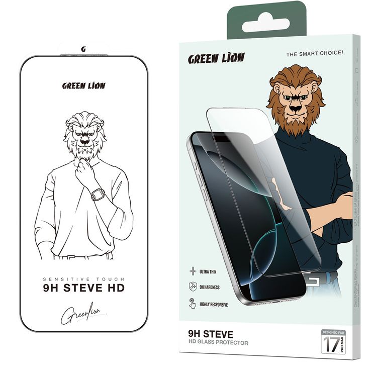 Green Lion 9H Steve HD Screen Protector for iPhone 17 Pro Max, 0.33mm Ultra-Thin Design, Double-Tempered Glass, Shock-Proof Edges, Crystal Clear Display, Anti-Scratch, Full-Screen Coverage, Dust-Proof Mesh, Anti-Fingerprint - Clear