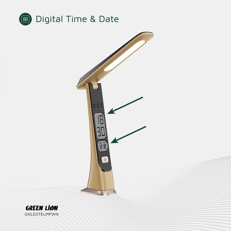 Green Lion LED Table Lamp with ABS Material, 1800mAh Battery Capacity, Cold-Natural-Warm Light Modes, 3.5 Hours Working Time, Adjustable Brightness & Angle, Digital Time & Date - Wooden