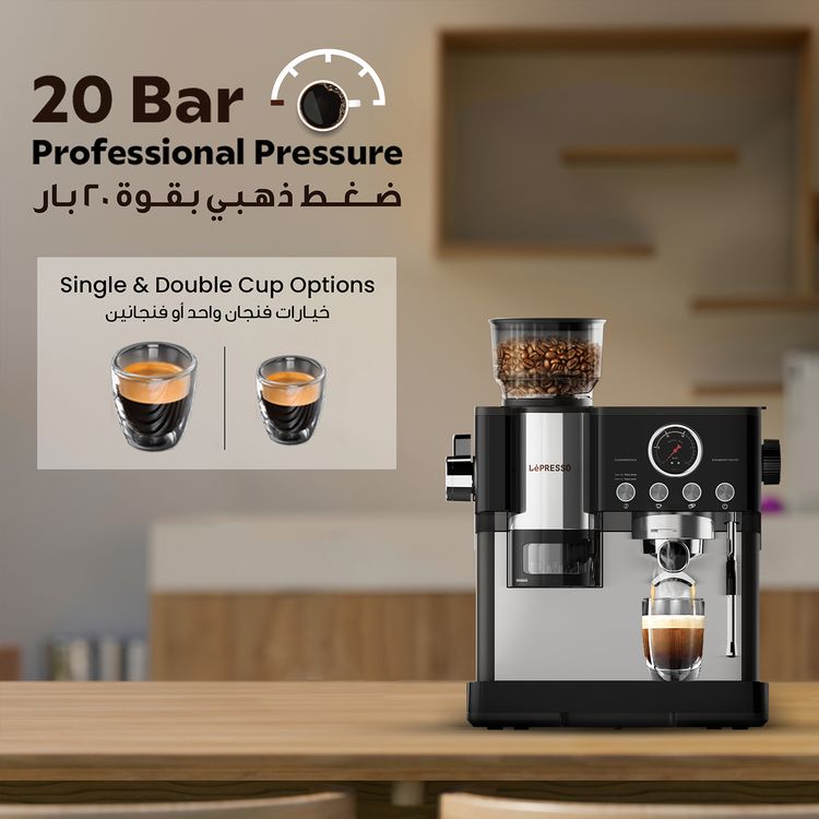 LePresso Maestro Semi-Automatic Coffee Machine with Coffee Grinder, Built-in Pressure Gauge, 2300W Rated Power, 2.8L Water Tank Capacity, 20 Bar Pump Pressure, 250g Bean Hopper Capacity, 220-240V Rated Voltage, 50/60Hz Rated Frequency, Intuitive Control Panel, Automated Tamping - Black