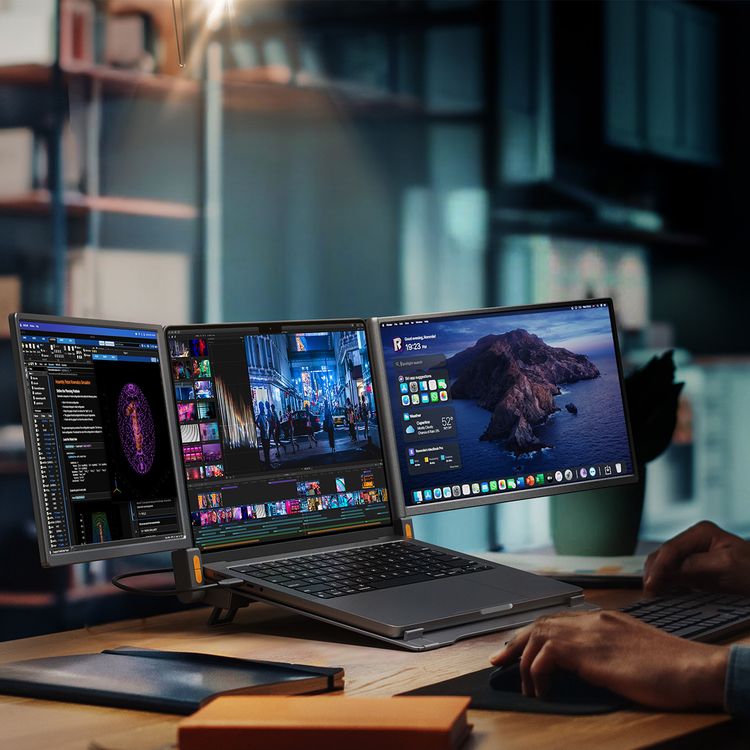 Powerology Dual Portable Monitor With Mst Docking Station, 14" Dual Full HD Screens, Multiple Device Compatibility, Driver-Free Use, Full View  Angle, 4K Ultra HD - Gray 