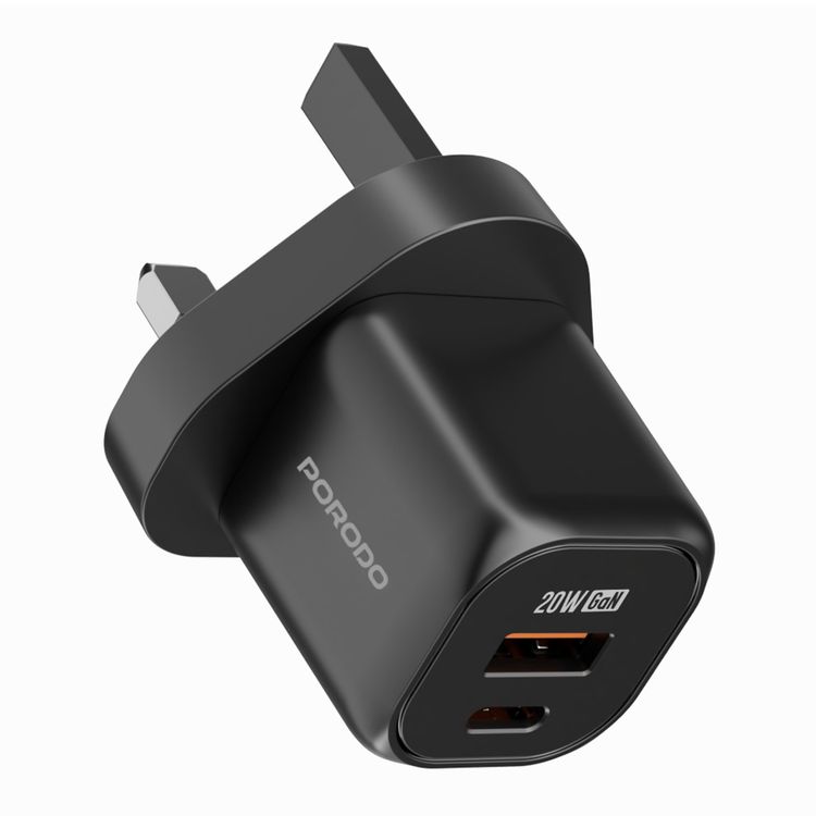 Porodo Dual Port Wall Charger with USB-C to USB-C Cable, Over-Heat Protection, Simultaneous Charging, Reliable Companion - Black