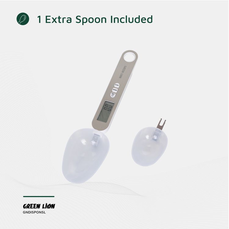 Green Lion Digital Spoon Scale with Digital Display, Tare Function, Overload Indicator, Low Battery Indicator, Extra Spoon Included, Stainless Steel + ABS Material - Silver 