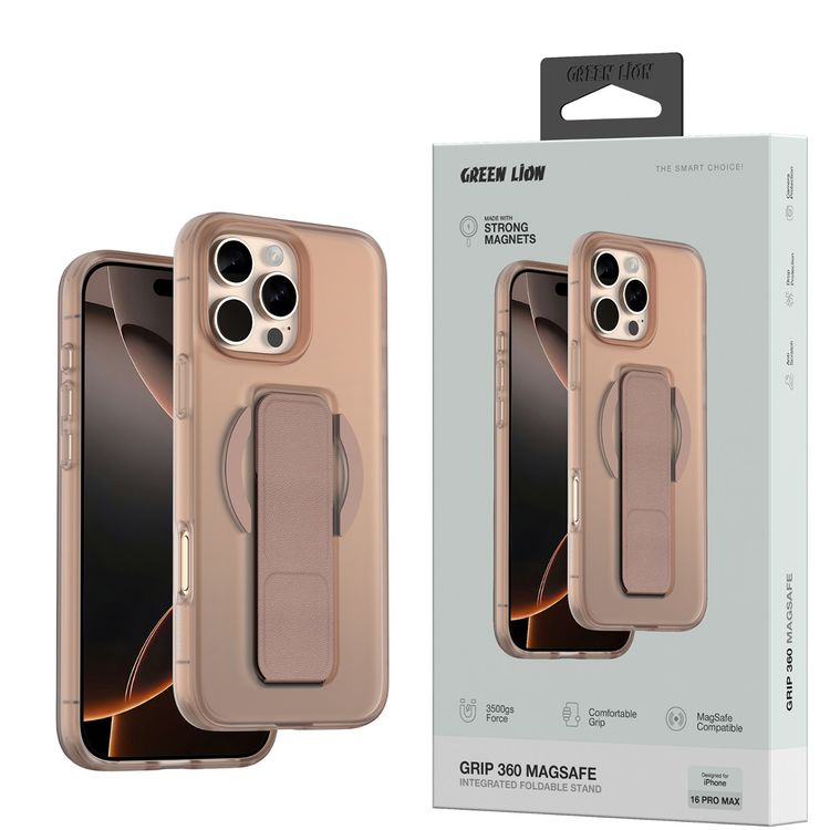 Green Lion Grip 360 MagSafe Case for iPhone 16 Pro Max with Leather Grip Strap, Camera Protection, Multi Functional Design, Scratch Resistant, Foldable Stand - Desert Titanium 