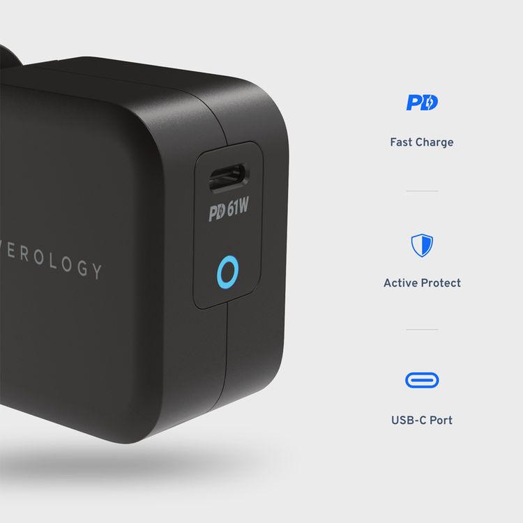 Powerology Ultra-Compact PD Charger with USB-C to USB-C Cable, 61W Power Delivery, 100% Charge in 2 Hours, UK 3-Pin Plug, Built-in Safeguards, Advanced GaN Technology - Black