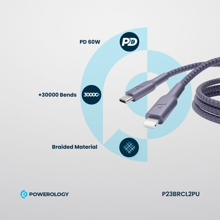 Powerology Braided USB-C to Lightning Cable with 60W Power Delivery, 2m Cable Length, Fast Data Transfer & Fast Charge, Universal Compatibility - Purple