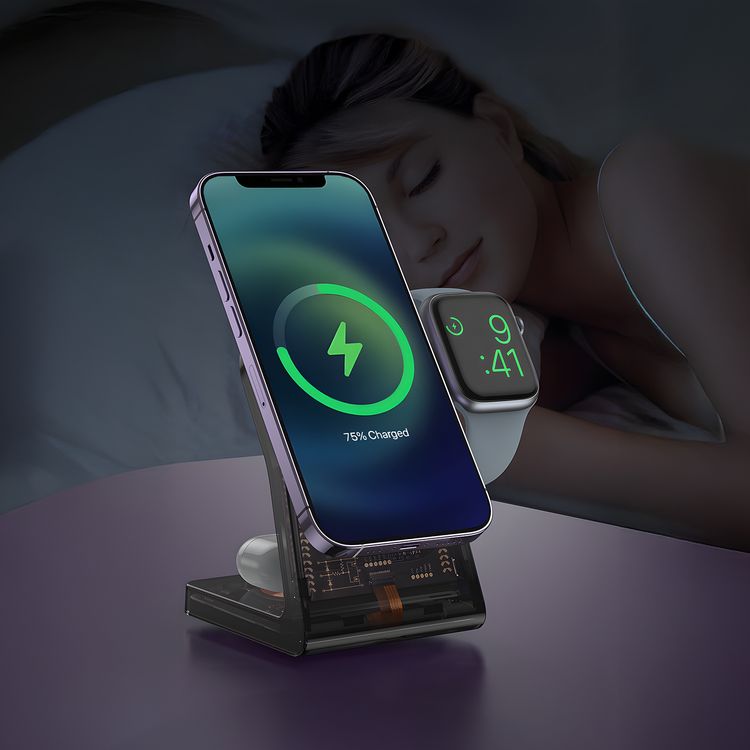 Porodo Transparent Shell Wireless Charging Stand with 15W Wireless Output, Multi-Device Charging, 3W Earbuds Output, Transparent Design, 2.5W Type-C Output - Black