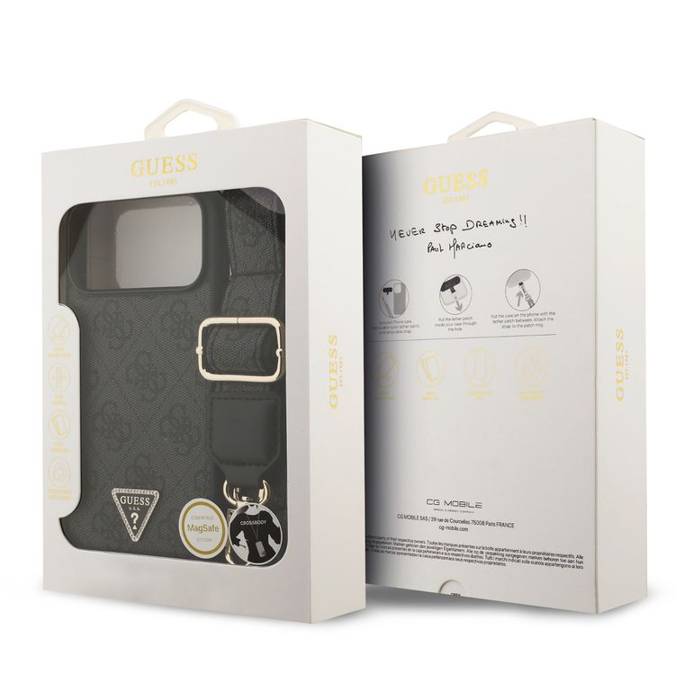 غطاء بتصميم نمط مغناطيسي 4G مصنوع من جلد PU مع حزام كروس بودي وشعار مثلث لهاتف iPhone 17 Pro، يتميز بملف نحيف، حماية من السقوط، تركيب سهل، تغليف مستدام، قبضة مريحة، تصميم خفيف الوزن - أسود