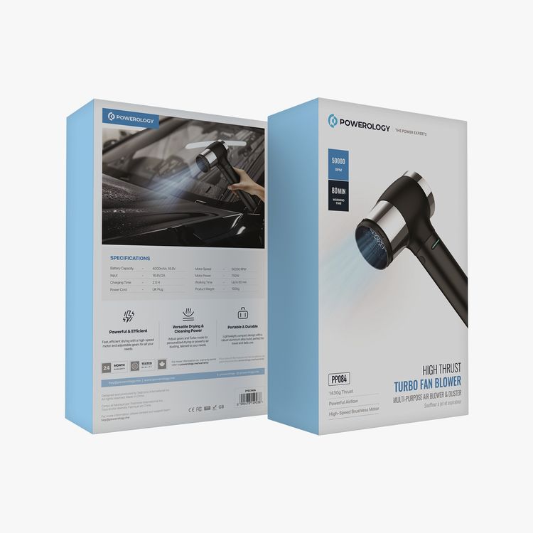 Powerology Turbo Fan Blower with High Thrust, 60m/s Wind Speed, 80 Minutes Working Time, 4 Speed Levels, 50000RPM Motor Speed, 4000mAh Battery Capacity, 750W Motor Power, Cordless & Portable, LED Indicator, 11-Blade Design - Black