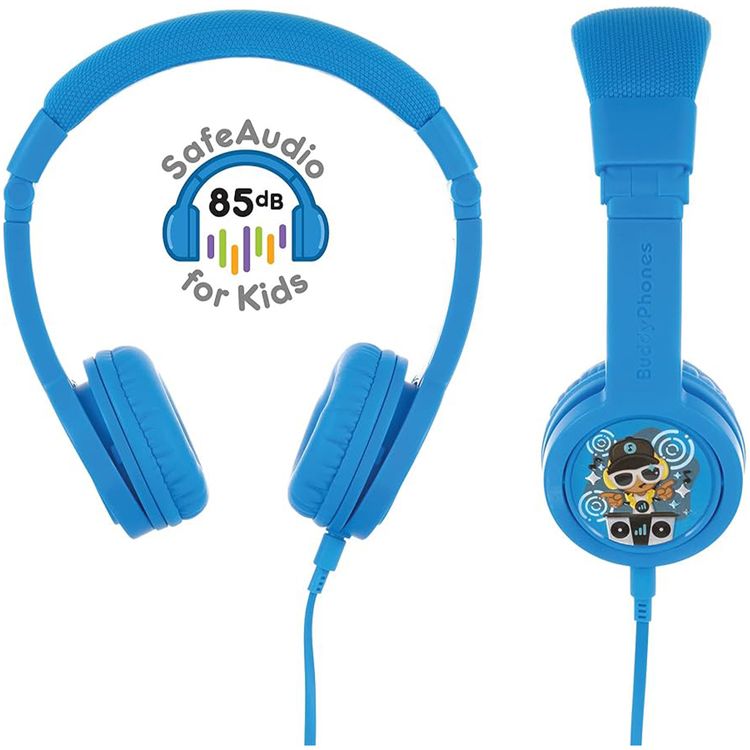 BuddyPhones Explore+ Wired Kids Headphones with Detachable Audio Cable, Foldable & Cushioned Headband, 4 Decorative Stickers, 8 Hours Battery Life - Cool Blue