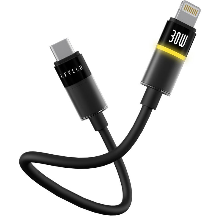 Levelo Luno USB-C to Lightning Cable with 30W Power Delivery, 1m Cable Length, 480Mbps Data Transfer Speed, Silicone Material, Tangle-Free, LED Indicator - Black