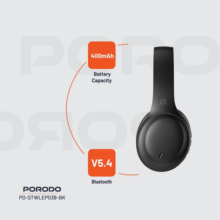  Porodo Soundtec Wireless Headphones with 400mAh Battery Capacity, 1.5 Hours Recharge Time, Up to 50 Hours Working Time, Type C Charging Port, Bluetooth V5.4 - Black