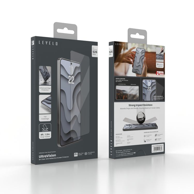 Levelo UltraVision Clear Screen Protector for Samsung S26 Ultra, Anti-Fingerprint Coating, 9H Hardness, Anti-Reflective Coating, 0.25mm Thickness, Oleophobic Coating - Clear with Black Edge