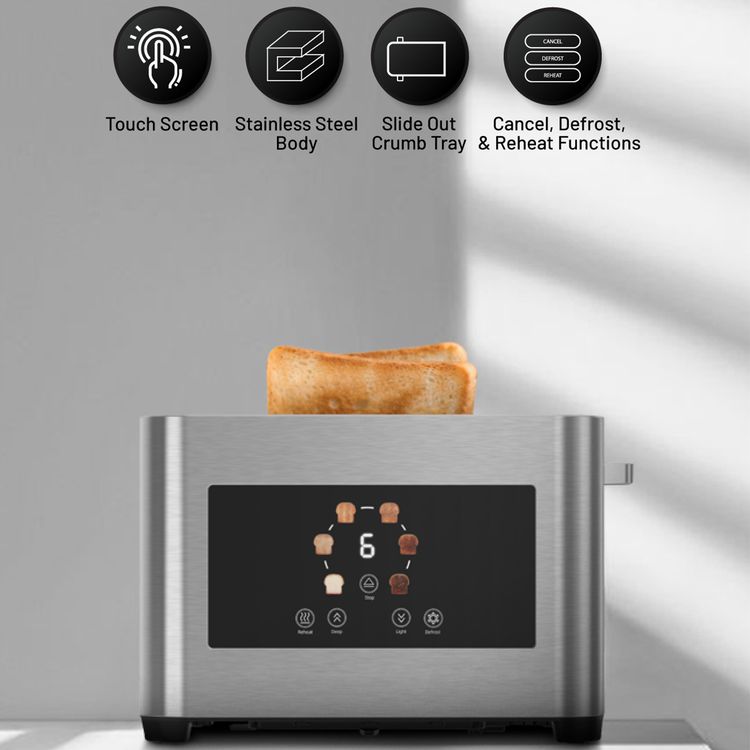Porodo Lifestyle 2-Slice Bread Toaster with Touch Panel, 750-850W Rated Power, Stainless Steel 410 Material, 6 Browning Levels, 5 Functions, Removable Slide-Out Crumb Tray, Automatic Shut-Off - Silver
