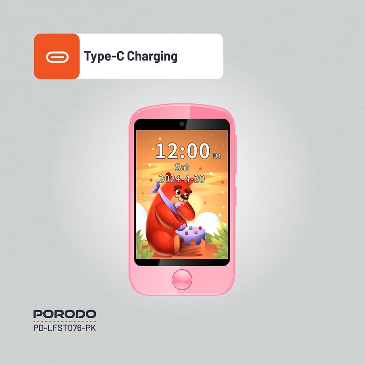 Porodo Kids 4G Smart Phone, 700mAh Battery Capacity, 24 Hours Normal Usage, 48 Hours Standby Time, SOS Calling, 2.8" Screen Size - Pink