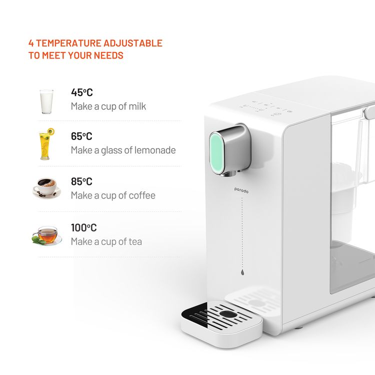 Porodo Lifestyle Instant Hot Water Dispenser with Automatic Ambient Lighting, 10-Second Instant Heating, 4 Levels Temperature Adjustment - White