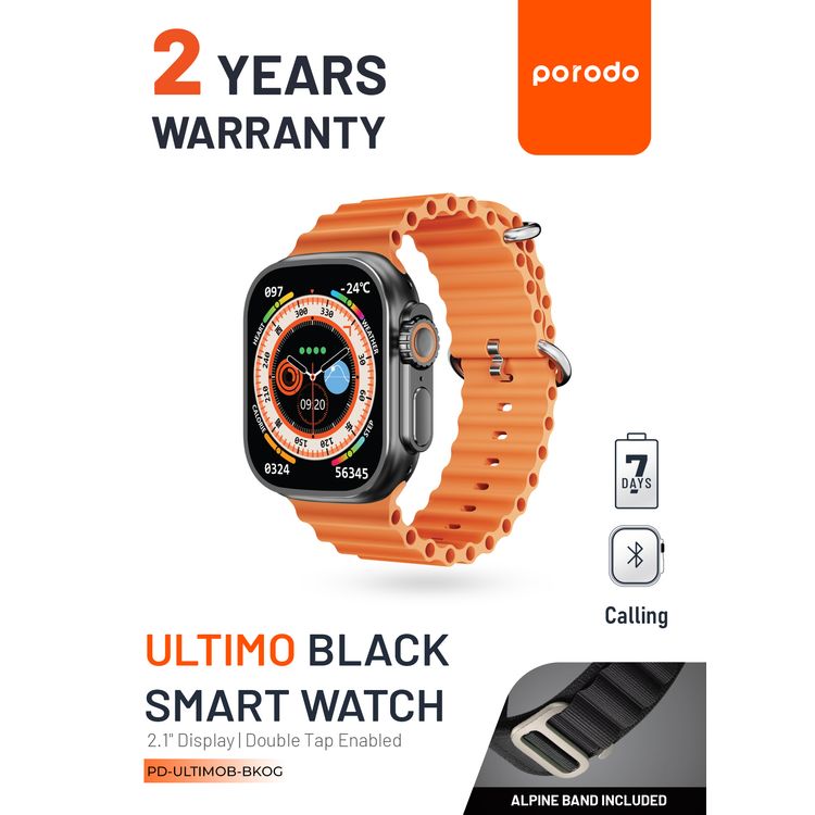 Porodo Ultimo Smart Watch, 2.1", 15 Days Working Time, 3 Hours Charging Time, Bluetooth 3.0 & 5.0, Voice Assistant, Android & iOS Compatible - Black Bezel & Orange Band