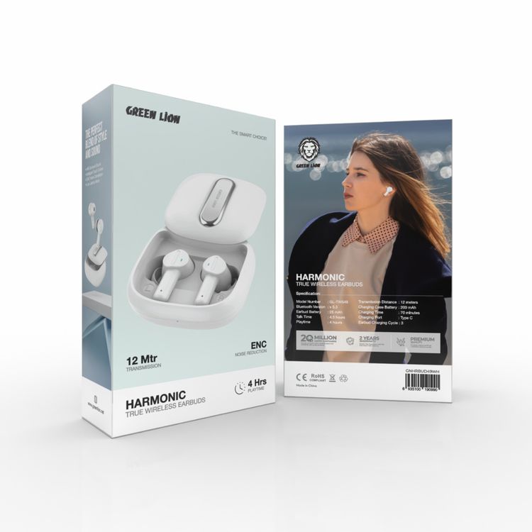 Green Lion Harmonic True Wireless Earbuds with IPX4 Water Resistance, Bluetooth Version 5.3, Multi-Function Touch, 4.5 Hours Talking Time, 4 Hours Playtime, ENC Noise Reduction - White