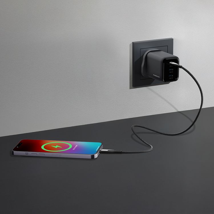 Powerology Volt-X 100W Multi-Port GaN Wall Charger with triple USB-C Ports, Advanced Safety Features, Wide Compatibility, Universal Protocol Support, Fast Charging Speed, GaN Technology, Compact Travel Size - Black