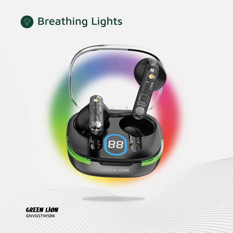 Green Lion Vegas True Wireless Earbuds with Breathing Lights, IPX4 Waterproof Level, Digital Display, HiFi Sound, Dual-Mic, Touch Control, 4 Hours Playtime - Black
