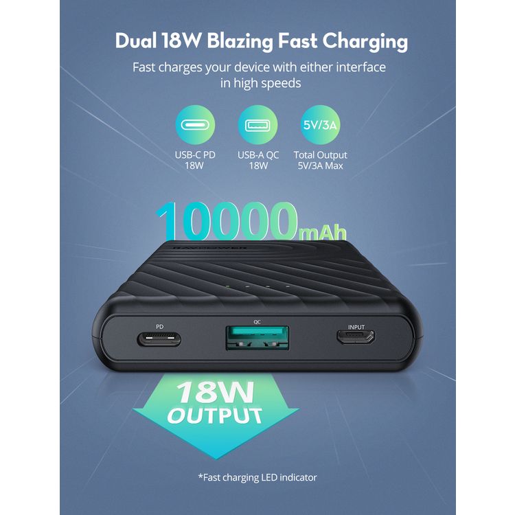 RAVPower 2-Port PD Pioneer Power Bank 10000mAh 18W USB-A QC, USB-C Port POwer Delivery 18W, iSmart Fast Charging Technology, Pocket Size Portable
